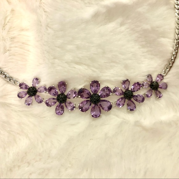 Amethyst Gemstone Flower Bib Necklace Sterling Silver 18 Inches NIB - Picture 1 of 11
